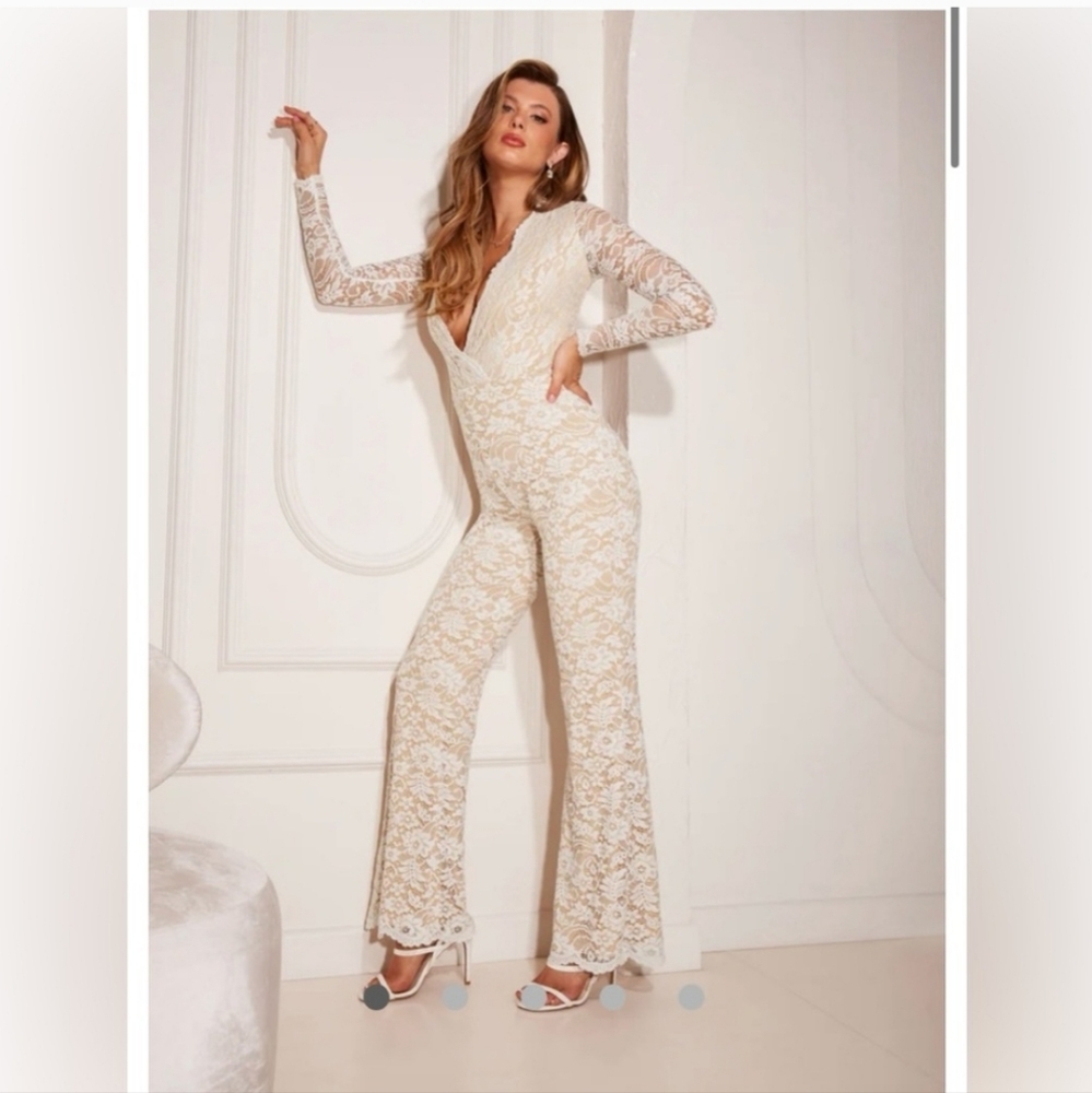 Bebe Cream Long Sleeve Lace Jumpsuit Pants